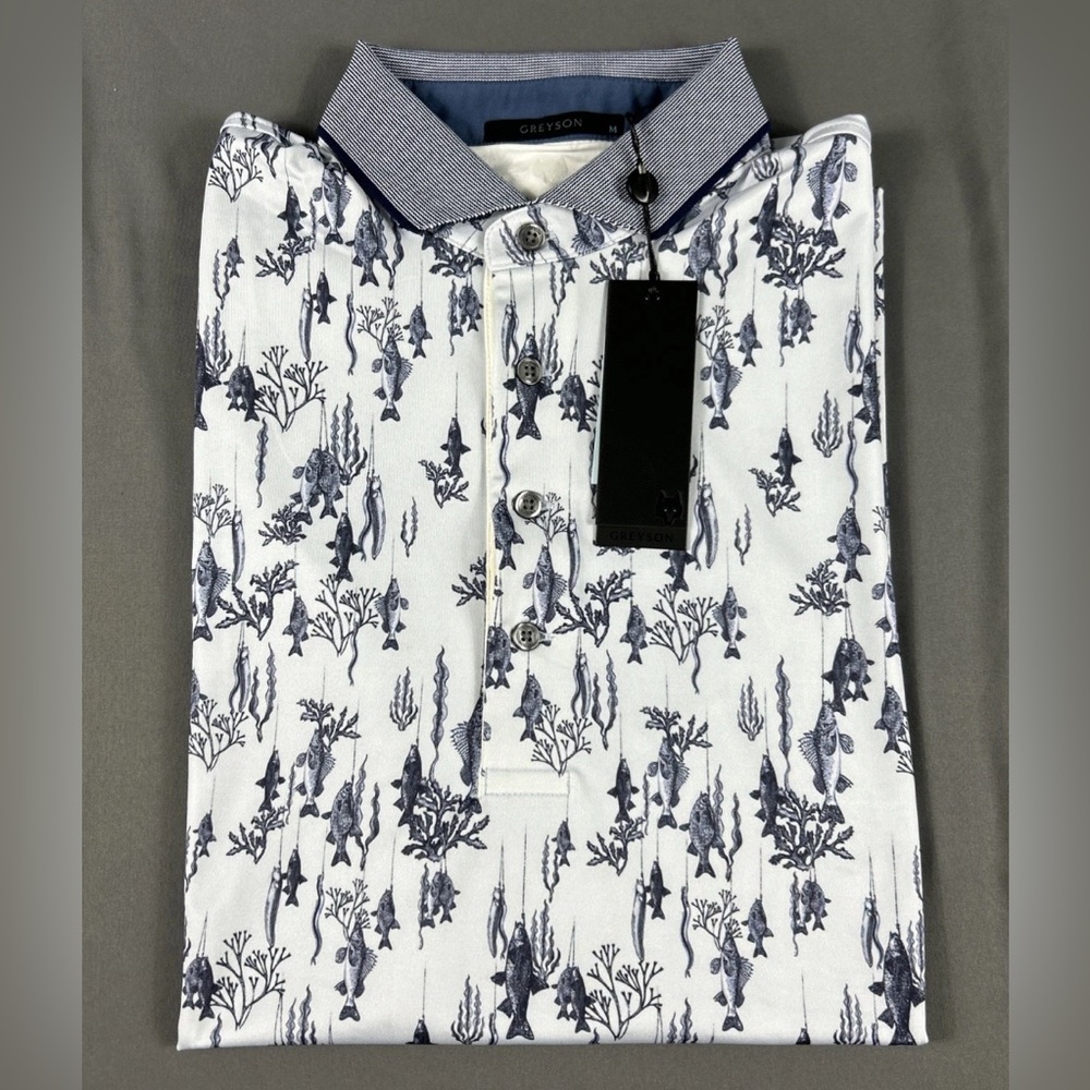 Greyson Golf Shirt Polo Fish Print Medium Blue Polyester